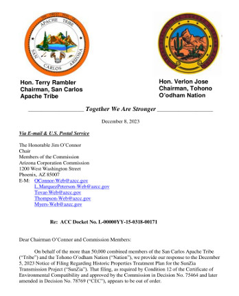 Tohono O’odham and San Carlos Apache write to the Arizona Corporation Commission